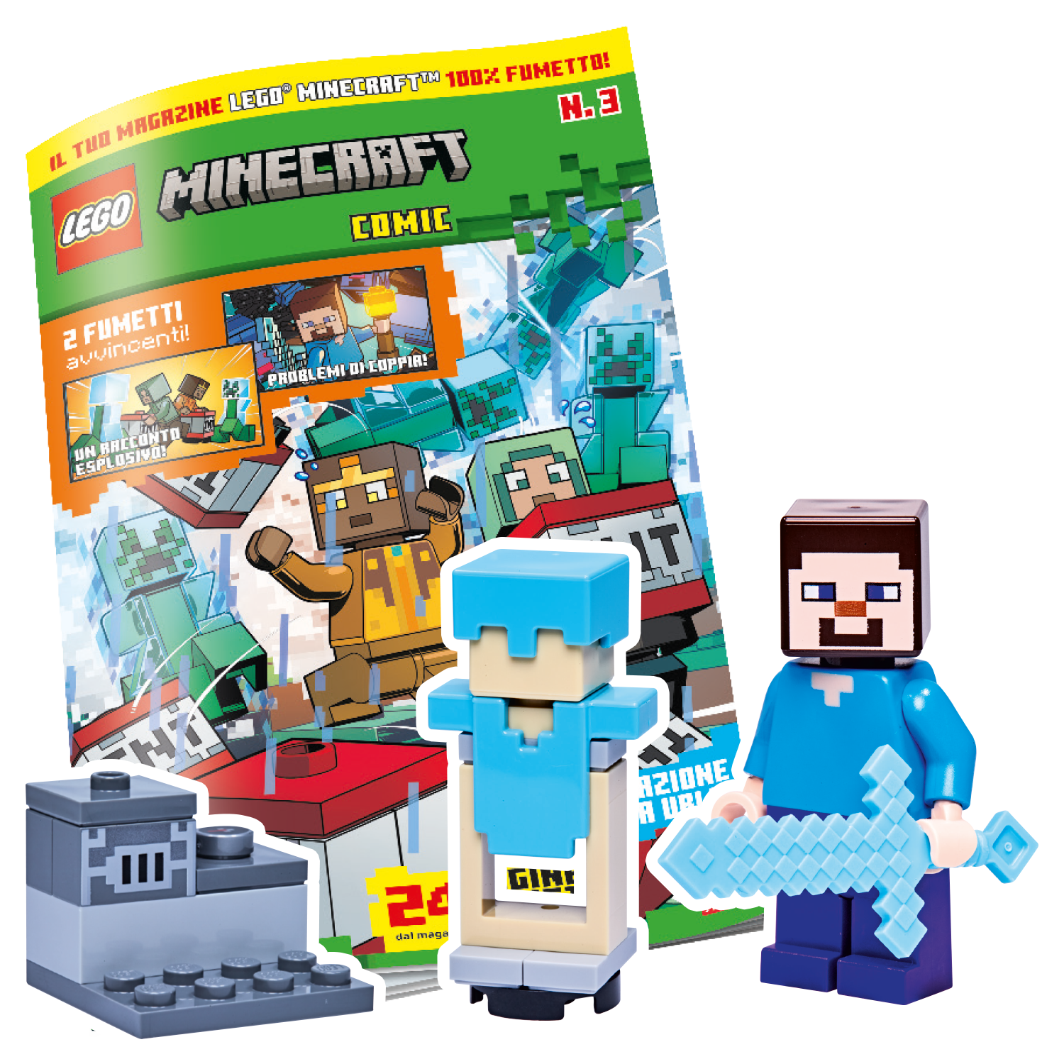 LEGO MINECRAFT COMIC N.3 - STEVE + ARMATURA DI DIAMANTE + SUPPORTO + FORNO